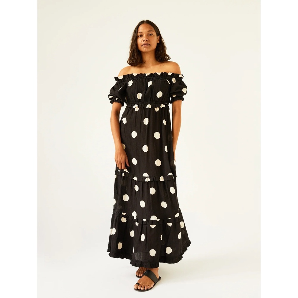 Peony Swimwear Macaroon Off the Shoulder Maxi Dress in Black White Dot Tiered
